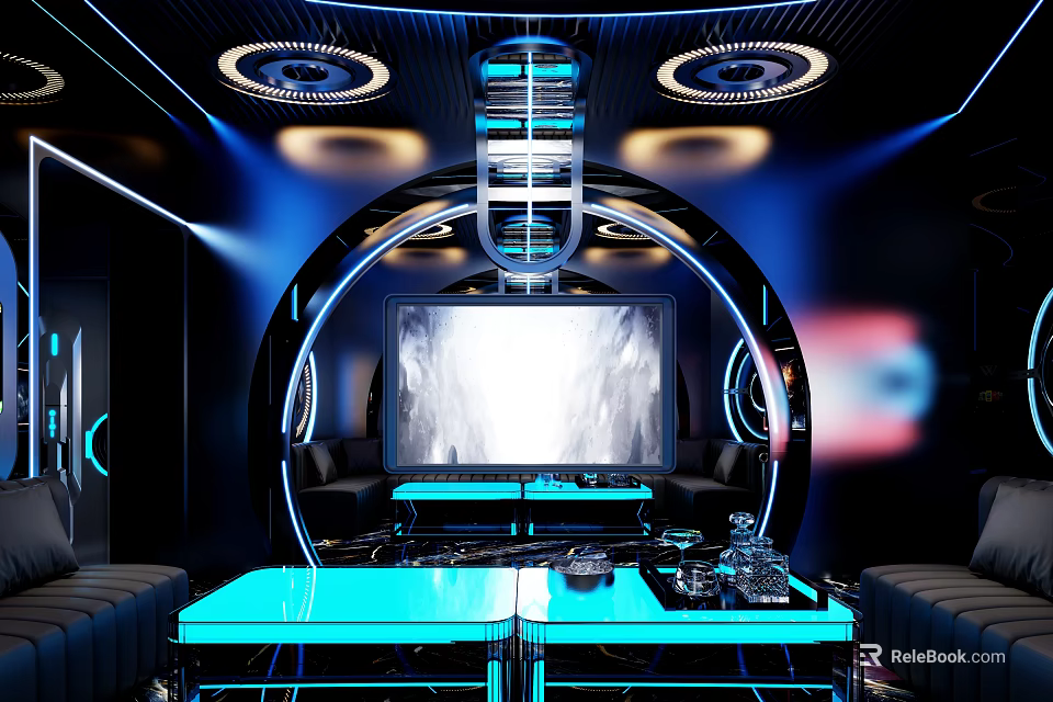 Modern KTV Interior With Blue Lighting Circular Design Sofa And Large Screen 3d model 