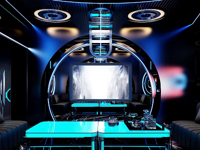 Modern KTV Interior With Blue Lighting Circular Design Sofa And Large Screen 3d model