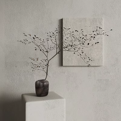 Dark Vase with Twig Plant on White Stand Against Gray Wall with Matching Painting 3d model