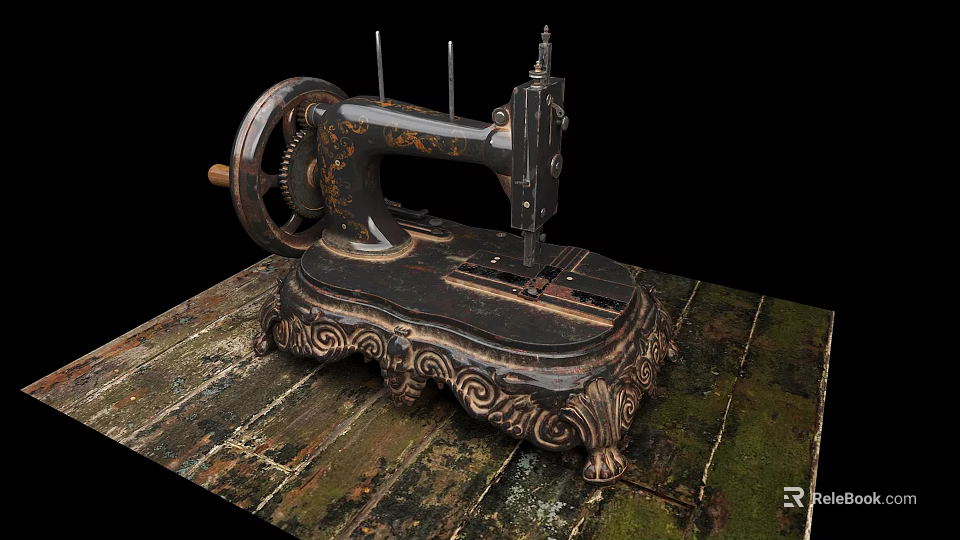 Industrial Vintage Sewing Machine With Ornate Base On Wooden Surface Gear Design 3d model 