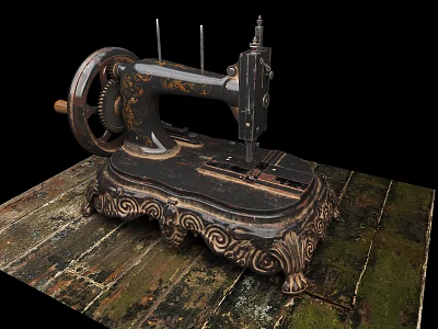 Industrial Vintage Sewing Machine With Ornate Base On Wooden Surface Gear Design 3d model