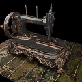 Industrial Vintage Sewing Machine With Ornate Base On Wooden Surface Gear Design