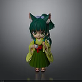 Anime Style Doll Figure With Green Hair Cat Ears Red Obi And Green Yellow Kimono