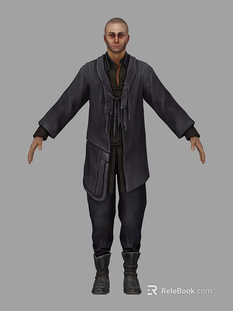 Man Wearing Dark Coat With Fringes And Shirt Paired With Dark Pants 3d model 