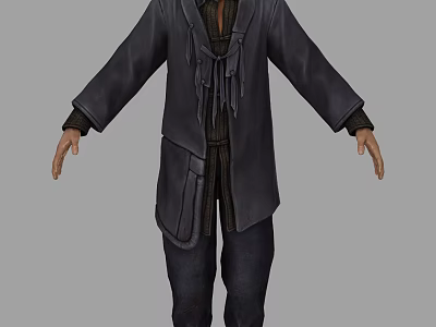 Man Wearing Dark Coat With Fringes And Shirt Paired With Dark Pants 3d model
