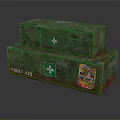 Stacked Green First Aid Kits Essential For Home With White Cross And Stickers