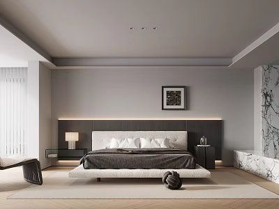 Modern Bedroom Interior Design With Gray Walls White Bed And Marble Accent Wall 3d model