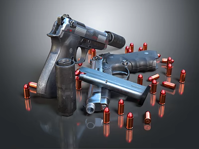 Handguns Including Revolver And Semi Automatic Pistol With Magazine And Bullets On Black Reflected Surface 3d model