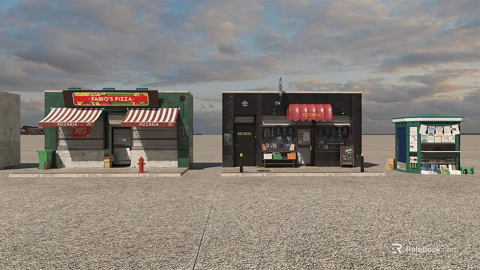 Shopping Mall Pizza Pasta Shop And Fast Food Outlet With Red White Striped Awning Glass Front 3d model 