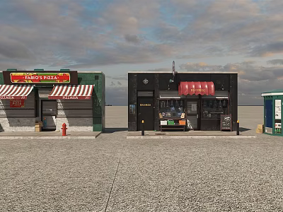 Shopping Mall Pizza Pasta Shop And Fast Food Outlet With Red White Striped Awning Glass Front 3d model