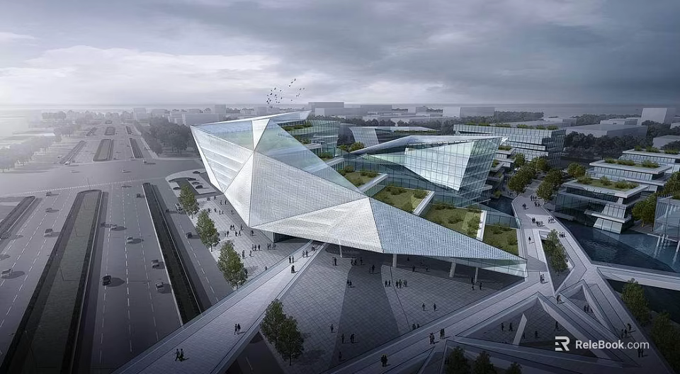 Contemporary Geometric Architectural Complex With Glass Facades And Green Roofs In Urban Square 3d model 