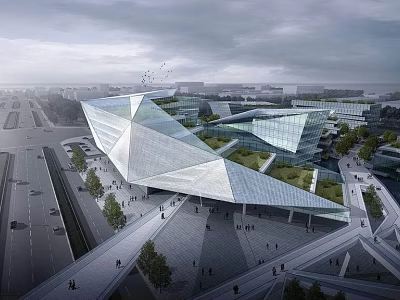 Contemporary Geometric Architectural Complex With Glass Facades And Green Roofs In Urban Square 3d model