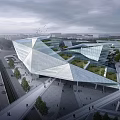 Contemporary Geometric Architectural Complex With Glass Facades And Green Roofs In Urban Square