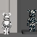 Designer Decorative Bear Figures With White Mechanical And Black Abstract Patterns On Stand 3d model