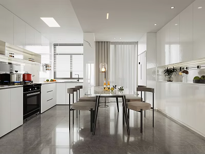 Modern White Kitchen Interior With Dining Table Chairs White Cabinets And Windows 3d model
