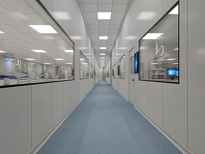Modern Laboratory Corridor With White Cabinets Glass Windows Ceiling Lights And Blue Carpet 3d model