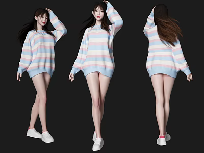 Woman Wearing Blue Pink Striped Long Sweater with White Sneakers Three Angles Black Background 3d model