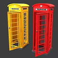 Classic Red And Yellow Telephone Booths With Glass Panels And Crown Logo