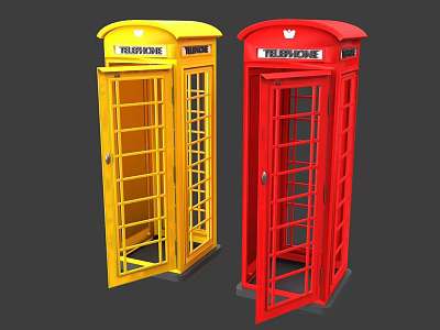 Classic Red And Yellow Telephone Booths With Glass Panels And Crown Logo 3d model