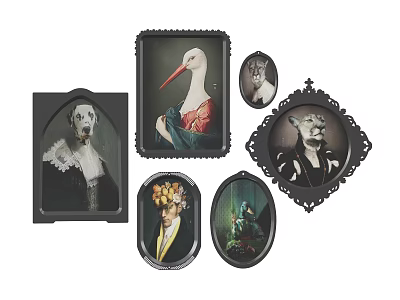 Elegant Animal Paintings Dressed in Human Attire with Various Shaped Frames 3d model