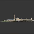 Cartoon Scenery Featuring Large Building Complex With Tower Dome Courtyard Green Space And Parking Lot
