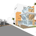 Modern Office Building Exterior With Glass Facade Orange Brick Walls Greenery And Palm Trees
