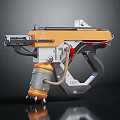 Sci Fi Mechanical Handheld Weapon Design Featuring Orange Gray Components Grip And Barrel
