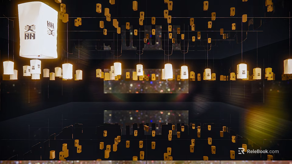 Chinese Traditional Hanging Lanterns With Fu Characters For Indoor Cultural 3d model 