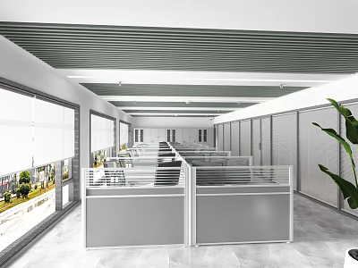 Modern Public Office Space with Open Cubicles Large Windows Striped Ceiling and Green Plant 3d model