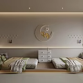 Cozy Kids Room Interior With Twin Beds Moon Star Decor Drawer Chest And Stuffed Toys