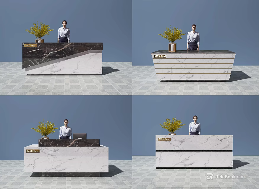 Modern Reception Desk With Marble Counter Potted Plant And Person Standing 3d model 