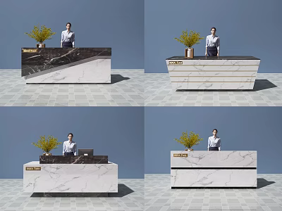 Modern Reception Desk With Marble Counter Potted Plant And Person Standing 3d model