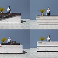 Modern Reception Desk With Marble Counter Potted Plant And Person Standing