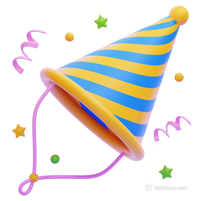Vibrant Blue And Yellow Striped Party Hat With Colorful Stars Balls And Curly Streamers 3d model 