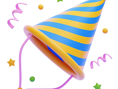 Vibrant Blue And Yellow Striped Party Hat With Colorful Stars Balls And Curly Streamers 3d model