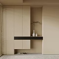 Modern Sleek Shoe Cabinet With Storage Shelf And Decorative Vase In Beige Tone