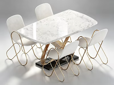 Elegant Modern Dining Table Set With White Chairs Marble Top And Gold Legs 3d model