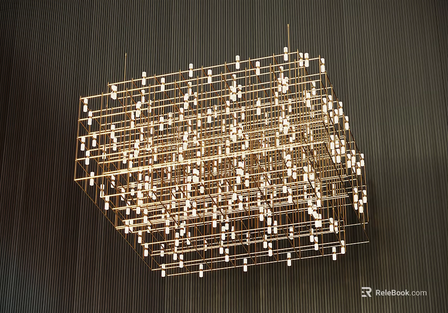 Golden Cube Shaped Chandelier With Metal Frame And Small Lights Against Dark Vertical Striped Wall 3d model 