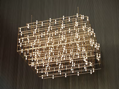 Golden Cube Shaped Chandelier With Metal Frame And Small Lights Against Dark Vertical Striped Wall 3d model