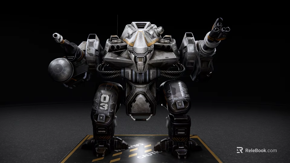 Intelligent Futuristic Machine With Mechanical Armor Arm Cannons Number 03 On Platform 3d model 