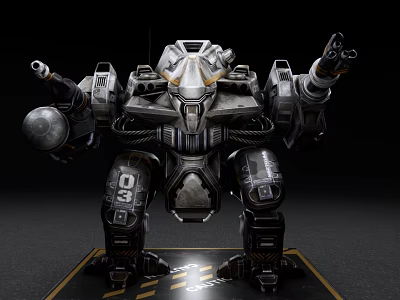 Intelligent Futuristic Machine With Mechanical Armor Arm Cannons Number 03 On Platform 3d model