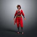 Game Movie Character In Red Traditional Outfit With Headpiece And Sash