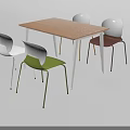 Modern Minimalist Wooden Table With White Legs And Multicolored Metal Leg Chairs Set