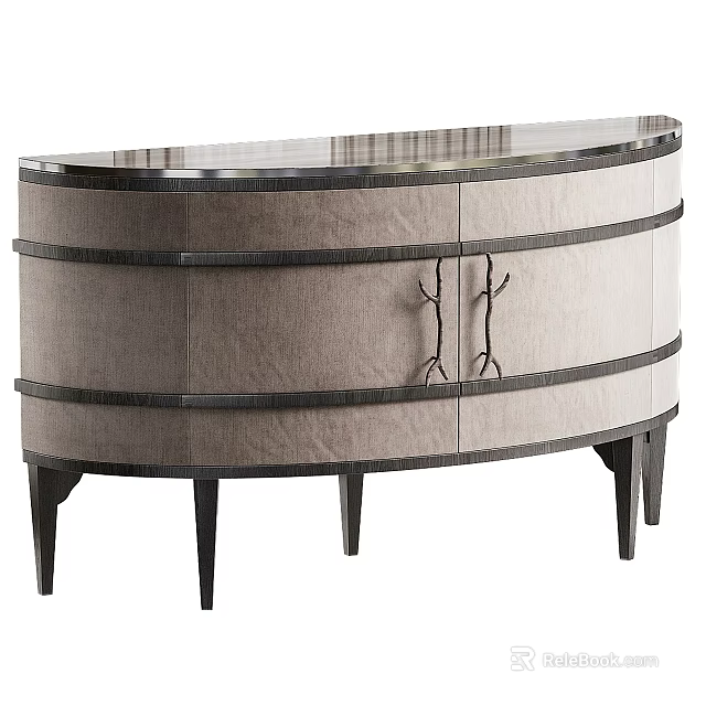 Curved Decorative Cabinet With Gray Fabric Black Metal Strips Branch Handles And Black Slender Legs 3d model 