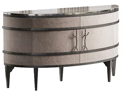 Curved Decorative Cabinet With Gray Fabric Black Metal Strips Branch Handles And Black Slender Legs 3d model
