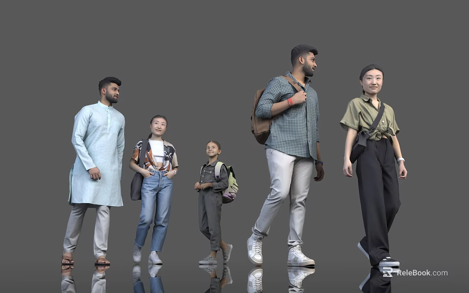 Group Of Diverse People In Casual And Traditional Attire Standing Walking With Reflections 3d model 