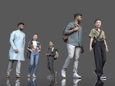 Group Of Diverse People In Casual And Traditional Attire Standing Walking With Reflections 3d model