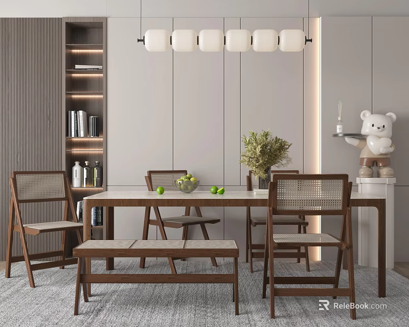 Modern Wooden Dining Table And Rattan Back Chairs Set In Dining Room With Green Plants 3d model 
