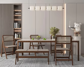 Antique Dining Table and Chair Combination Solid Wood Dining Table Chandelier Rattan Dining Chair 3d model