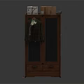 Wooden Wardrobe With Mesh Doors Drawers Below Plaid Shirt Hanging And Cardboard Boxes On Top